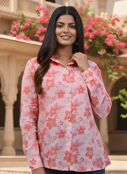 Pink floral cotton mul shirt women wear wholesale