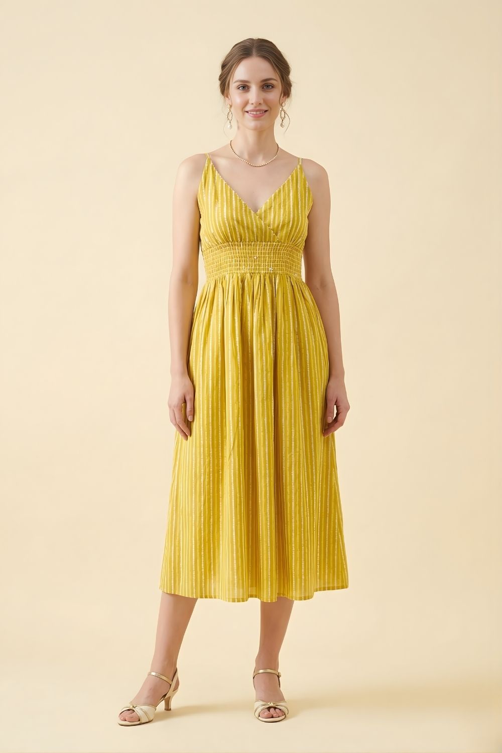 Yellow Cotton Striped Middy Dress Women Wear Manufacturer