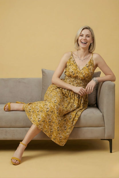 Mustard Cotton Middy Dress Wholesale Women Wear Manufacturer