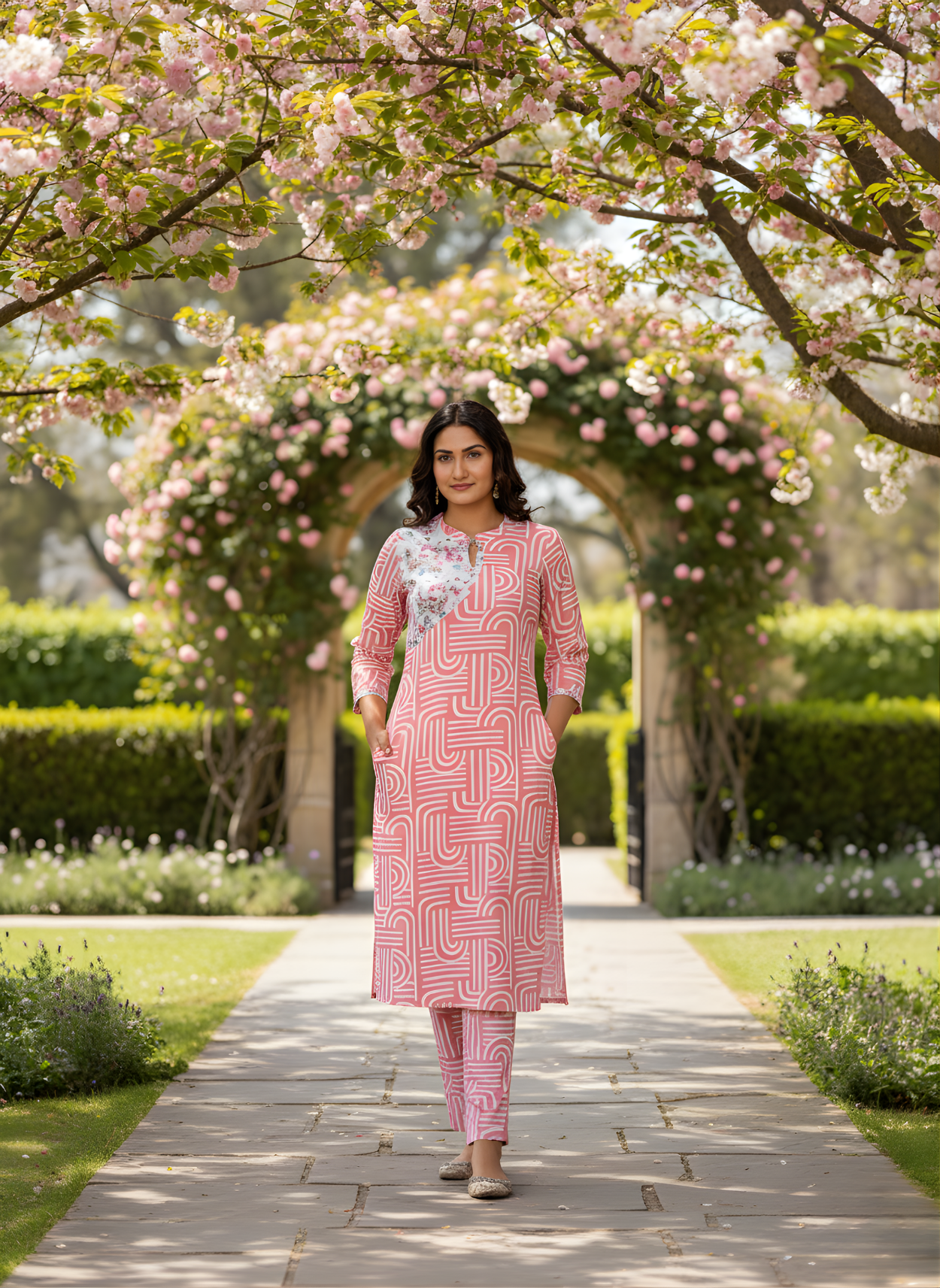 Woman in a pink patterned outfit standing under cherry blossom trees in a garden.