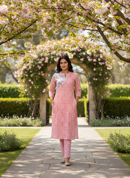 Woman in a pink patterned outfit standing under cherry blossom trees in a garden.
