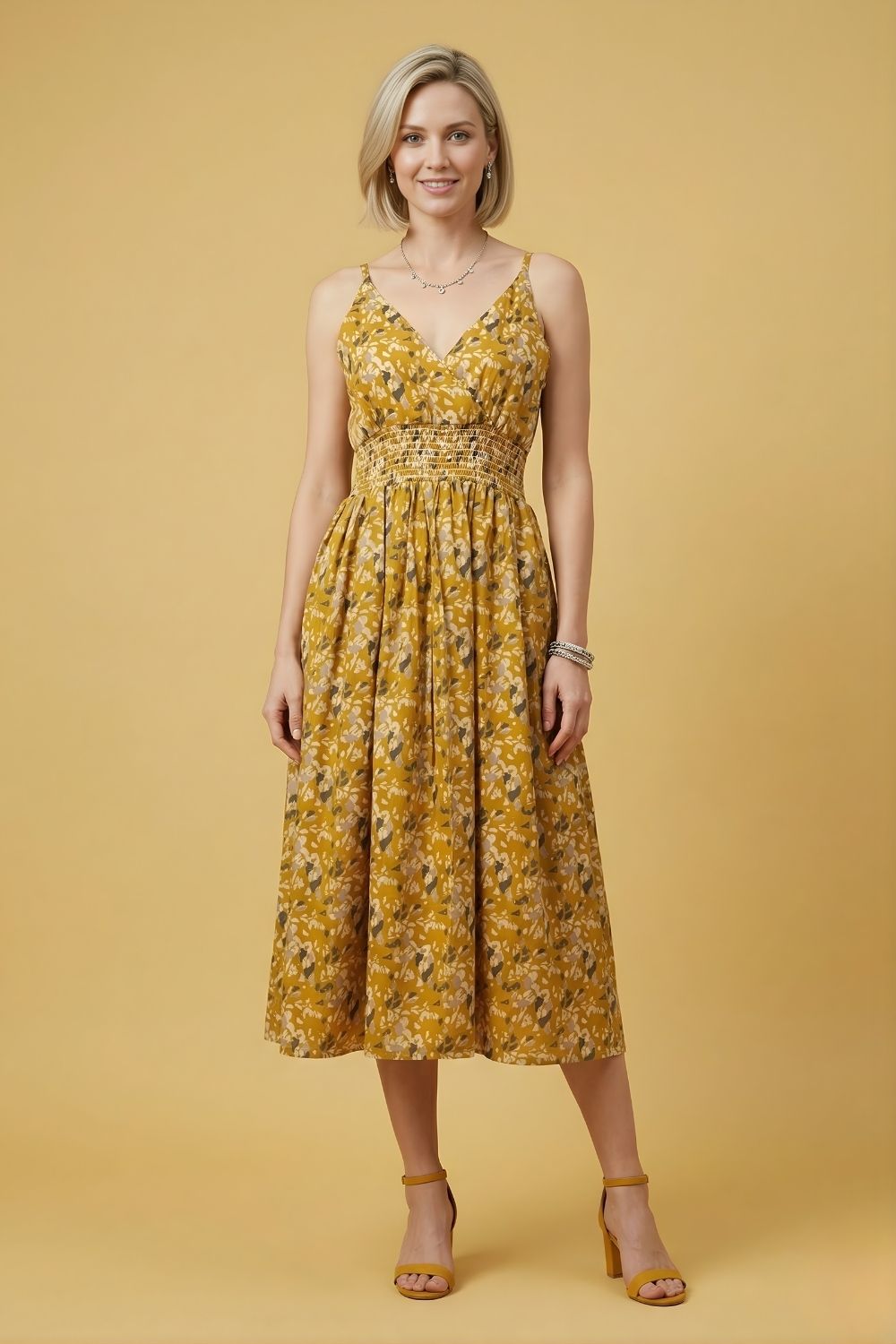 Mustard Cotton Middy Dress Wholesale Women Wear Manufacturer