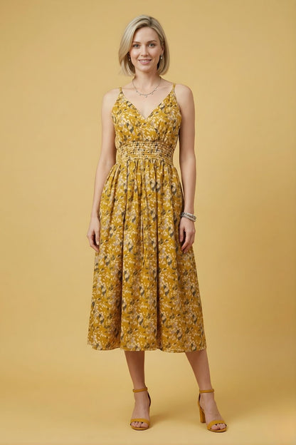 Mustard Cotton Middy Dress Wholesale Women Wear Manufacturer