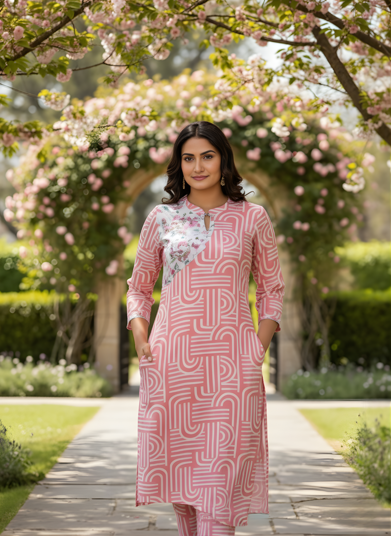 Woman in a pink patterned outfit standing in a garden with cherry blossoms.