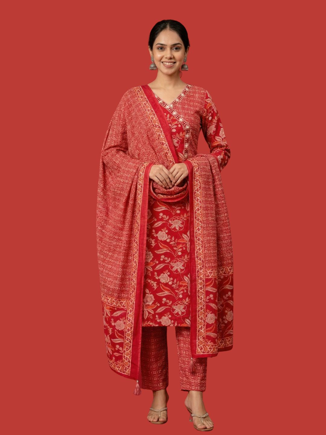 Red Cotton Dupatta Set Wholesale Collection