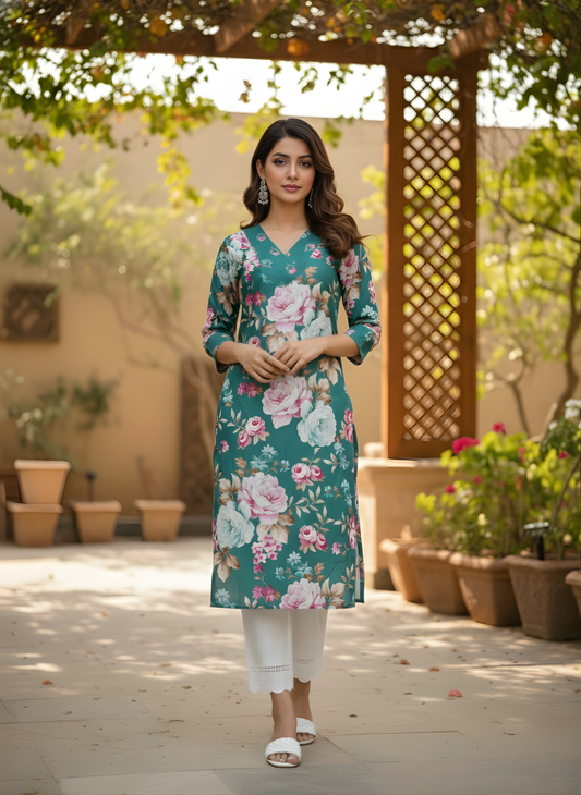 Neelufer Creation teal floral pure cotton kurti front view
