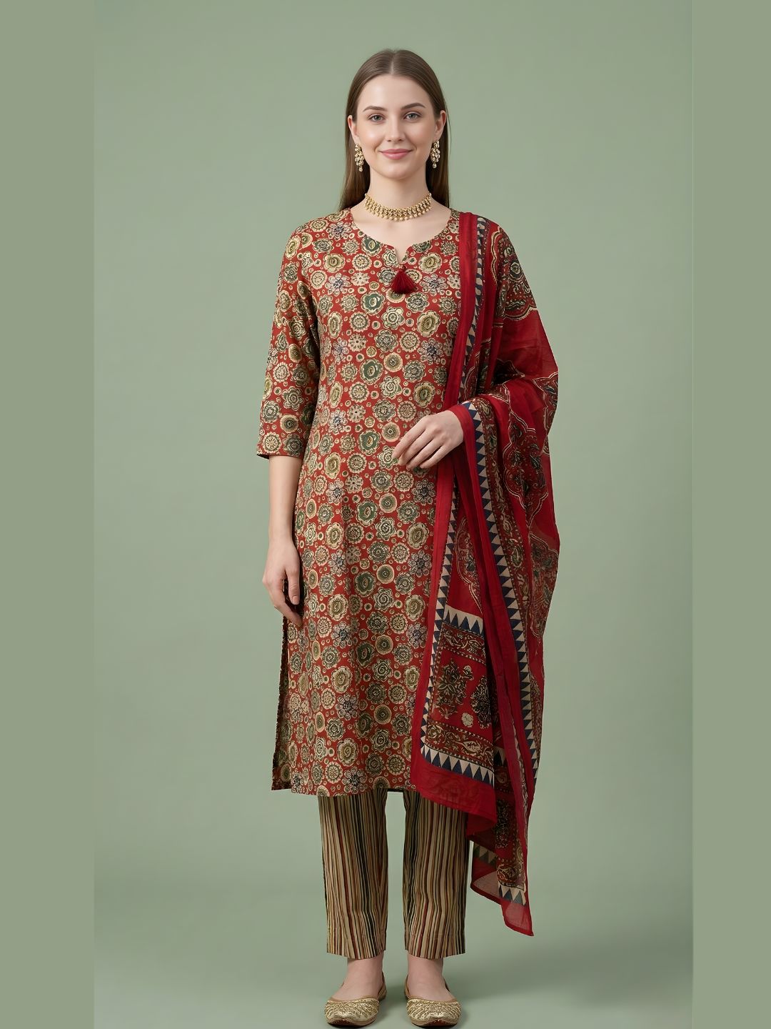 Rust Printed Pure Cotton Kurti Dupatta Set Wholesale Manufacturer India