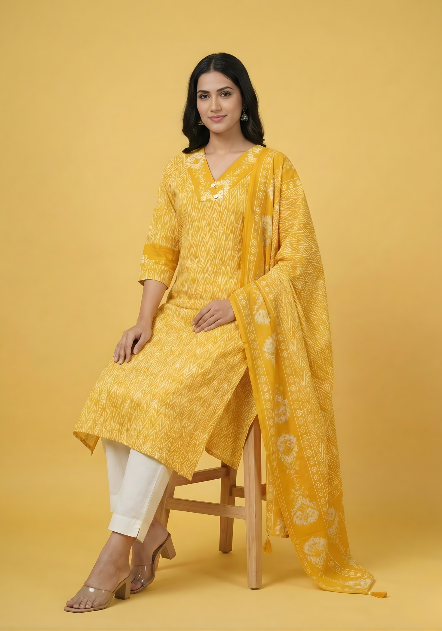 Aaronee mustard yellow kurti dupatta front view
