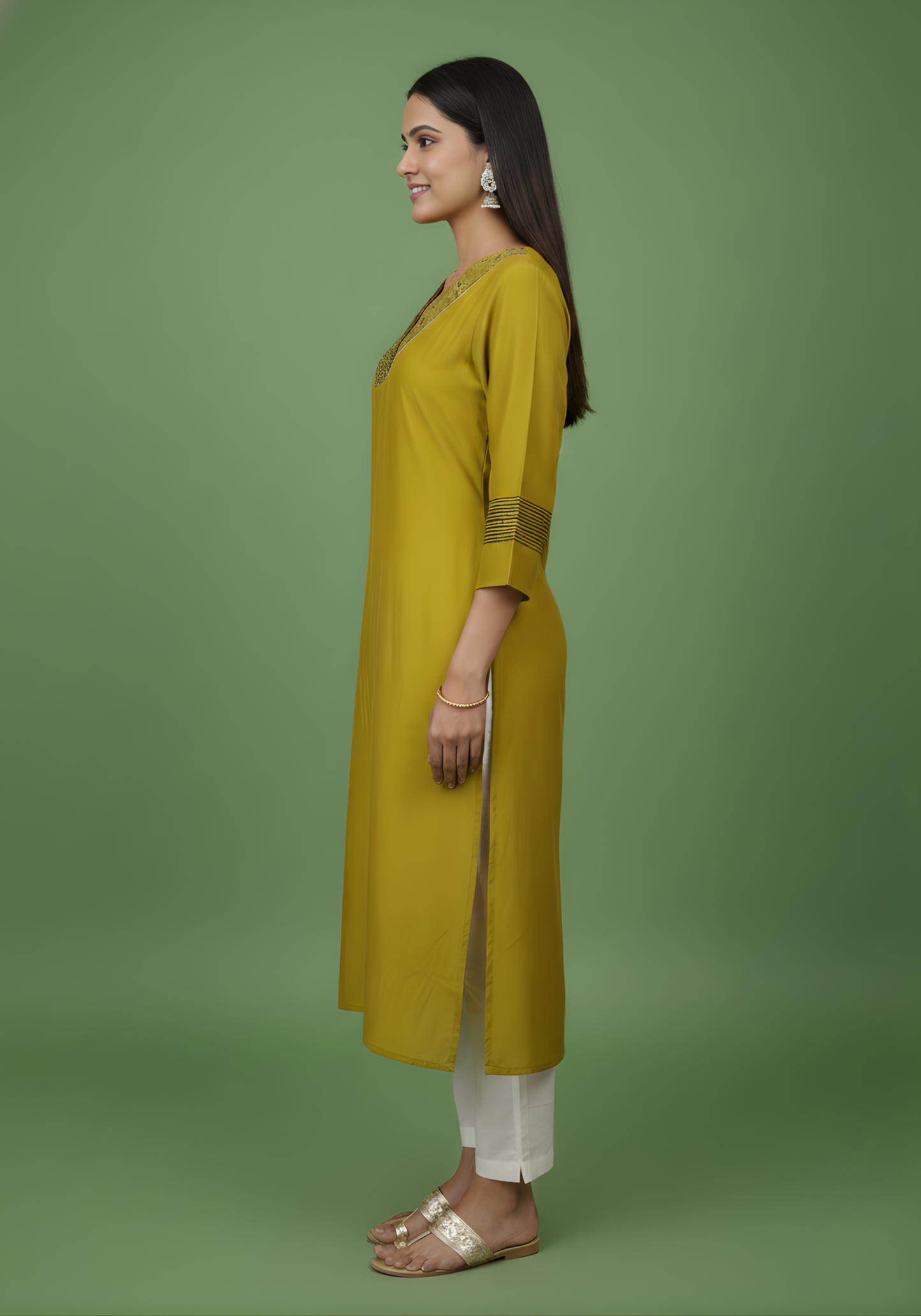 Woman wearing a mustard yellow kurta with white pants on a green background