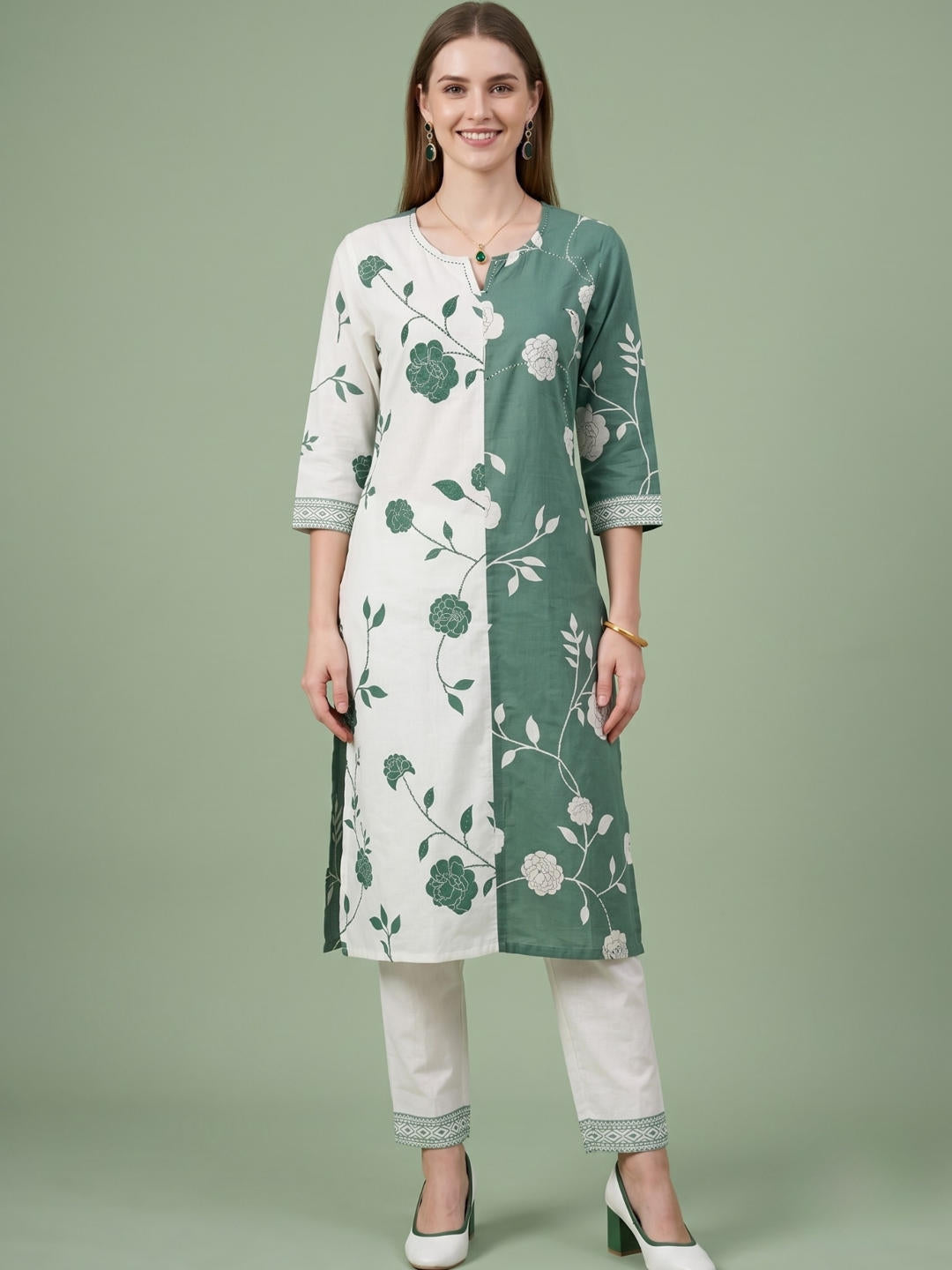 Women's Green Printed Cotton Kurta Set Bulk Supplier India