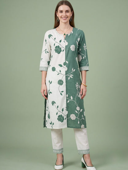 Women's Green Printed Cotton Kurta Set Bulk Supplier India
