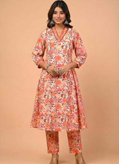 Peach Floral Pure Cotton Kurta Set