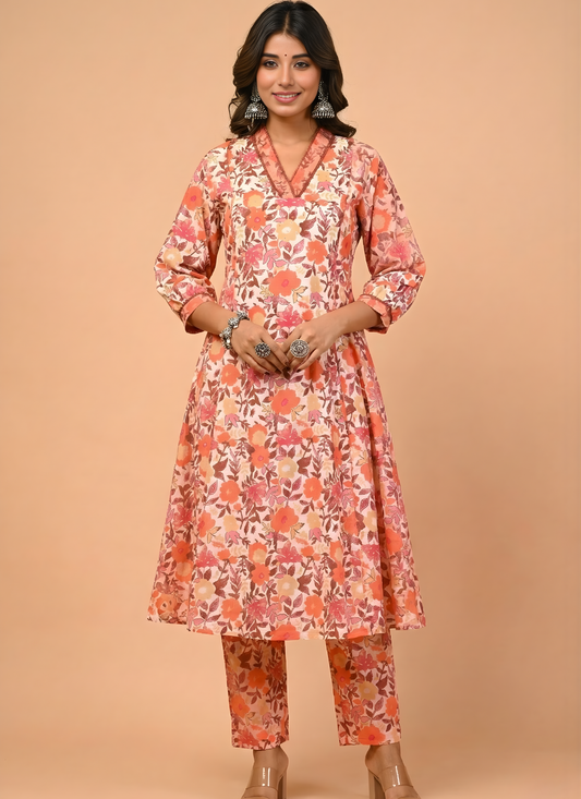 Peach Floral Pure Cotton Kurta Set