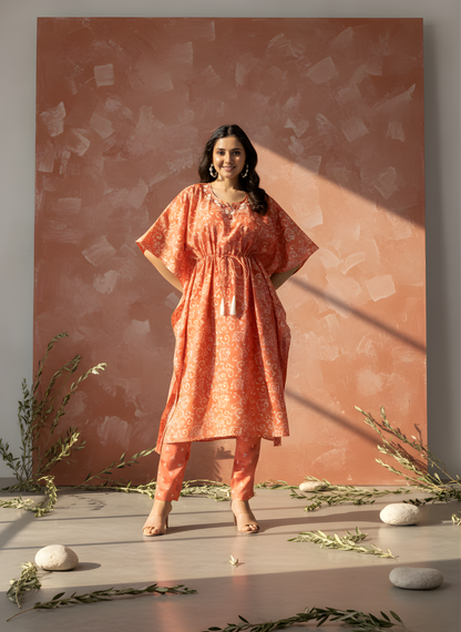 Peach modal chanderi kaftan kurta set wholesale