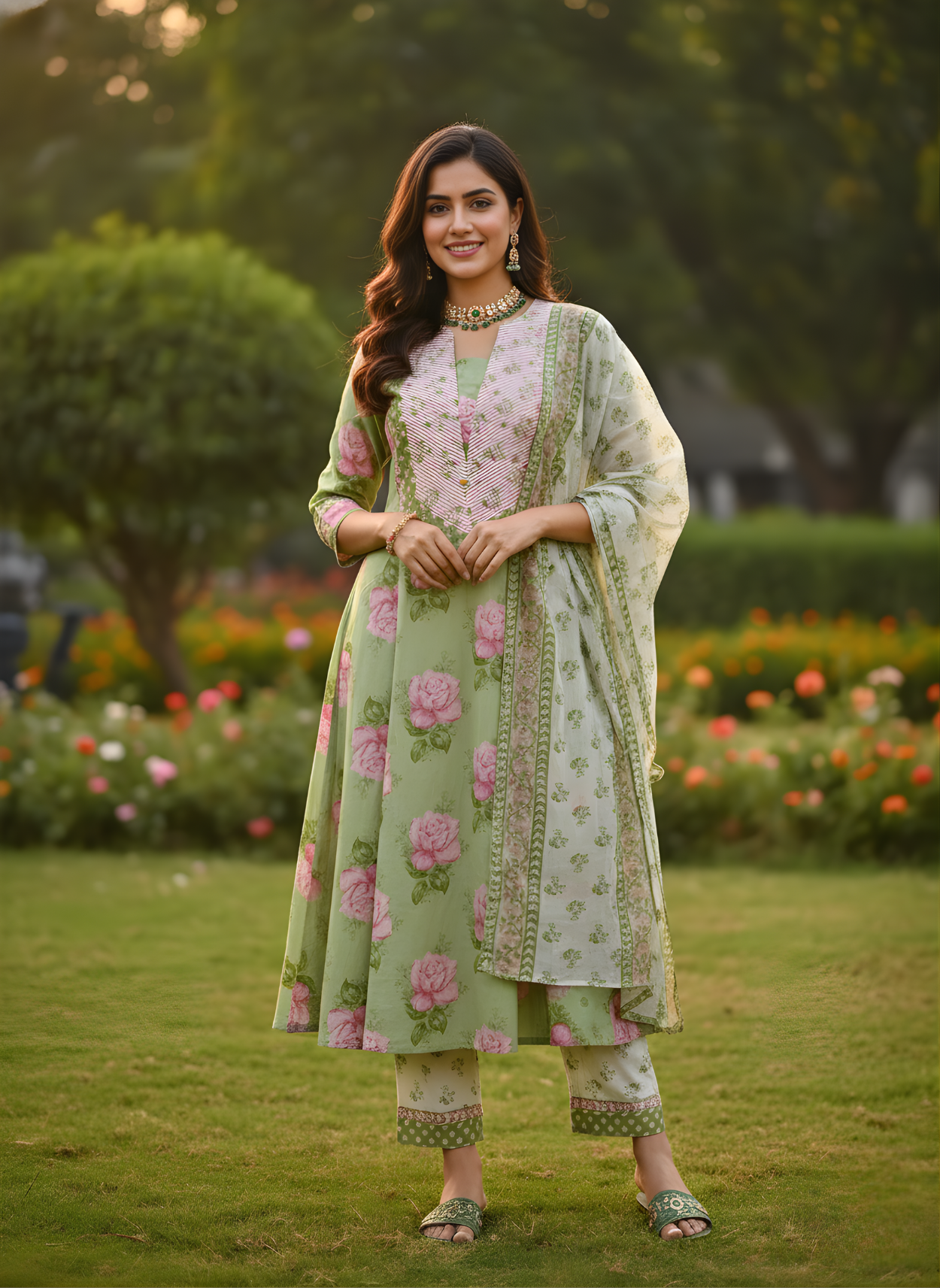 Mint green ethnic cotton dupatta set women