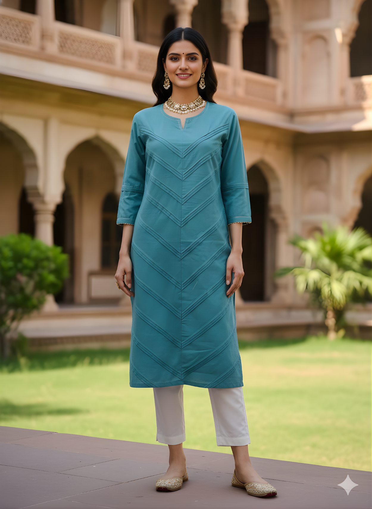 Neelufer Creation teal blue pure cotton kurti front view