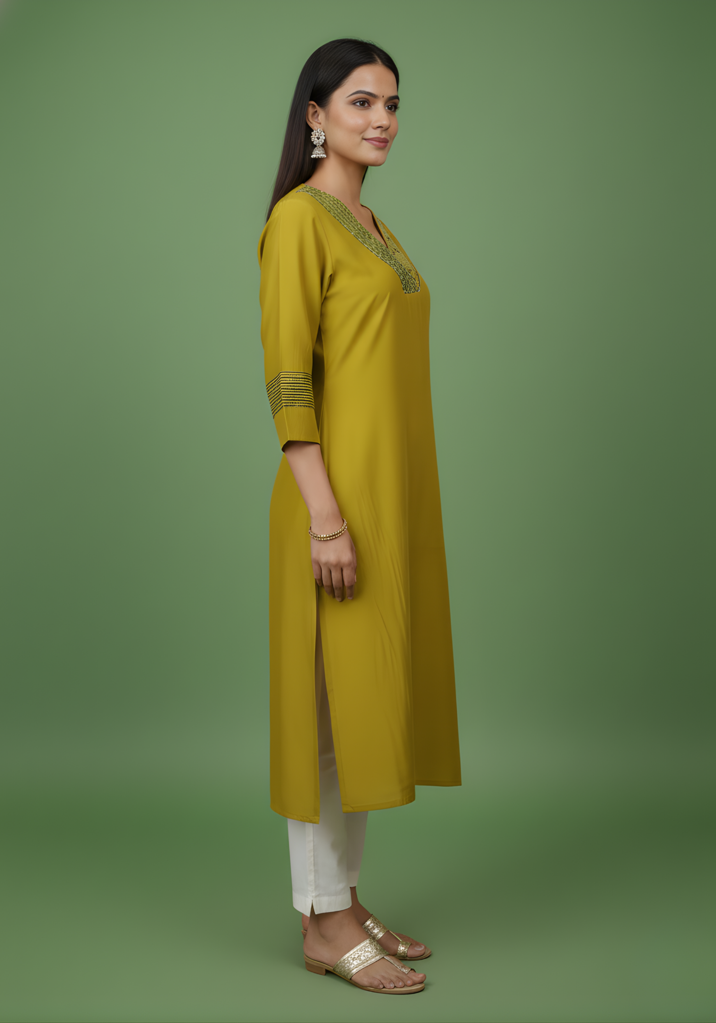 Woman wearing a mustard yellow kurta with white pants on a green background