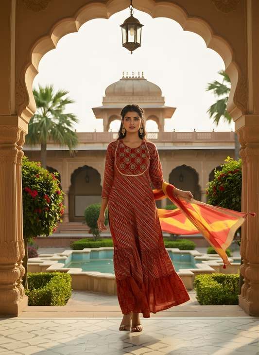 Neelufer Creation Modal Chanderi Sharara Dupatta Set Front View