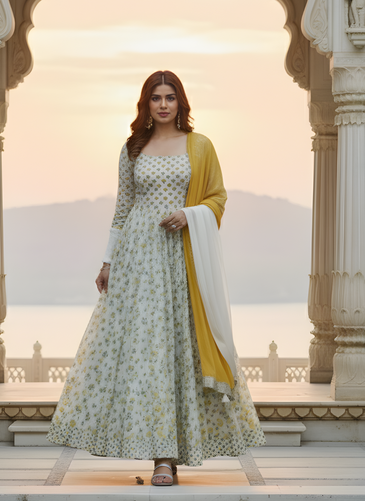 Woman in a floral anarkali suit with yellow and white dupatta standing in front of architectural columns.