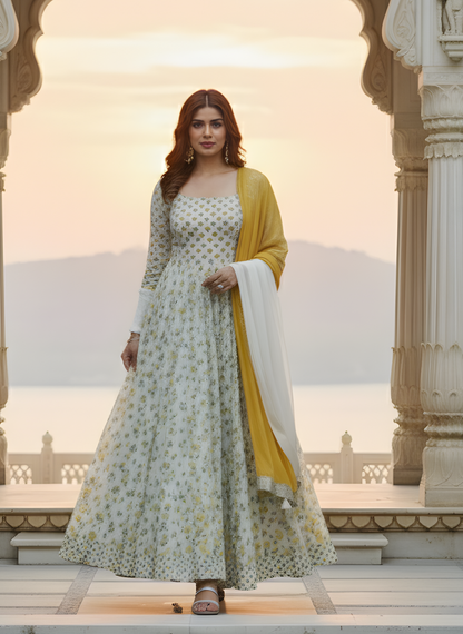 Woman in a floral anarkali suit with yellow and white dupatta standing in front of architectural columns.