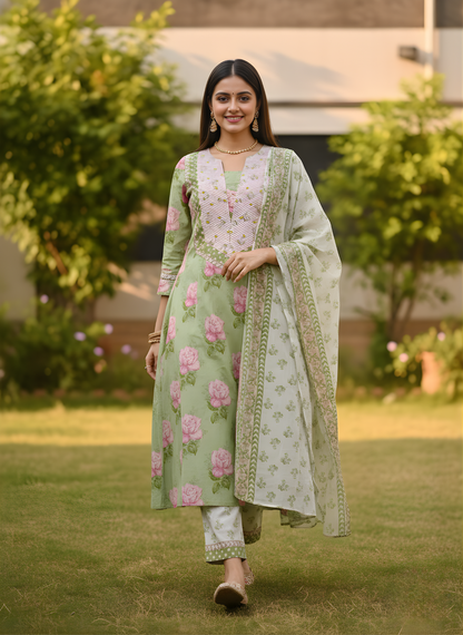 Wholesale women cotton kurta pant dupatta set mint