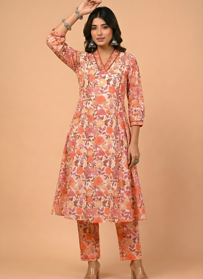 Peach Floral Pure Cotton Kurta Set