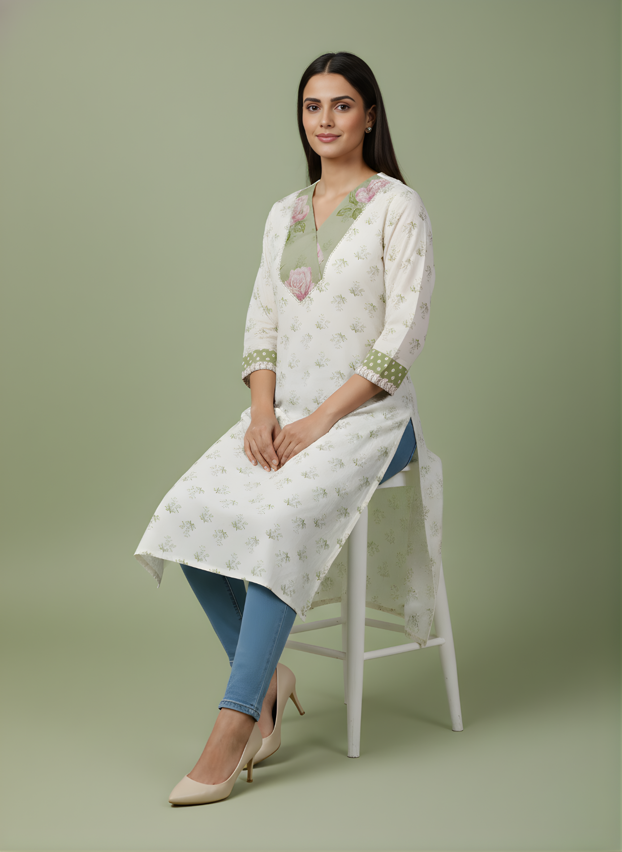 Woman sitting on a stool wearing a white floral outfit with blue pants against a green background