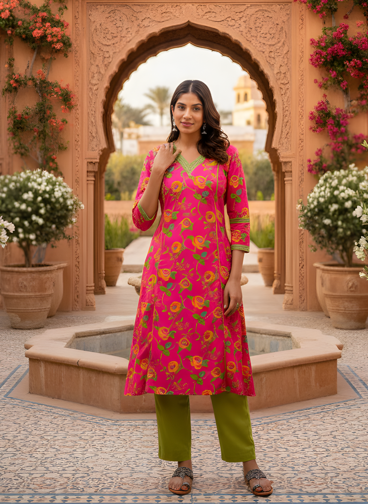 Neelufer Creation rani pink pure cotton kurta set front view
