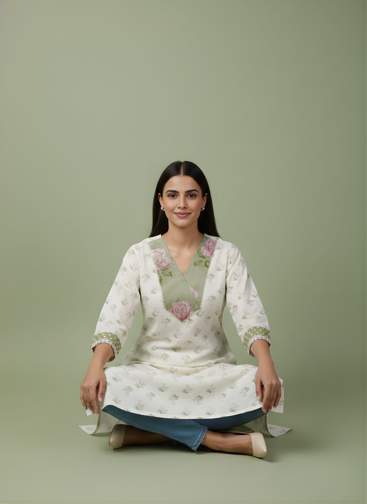 Neelufer Creation off-white pure cotton kurti front view