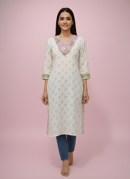 Neelufer Creation off-white pure cotton kurti front view