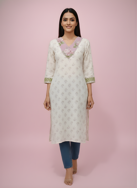 Neelufer Creation off-white pure cotton kurti front view