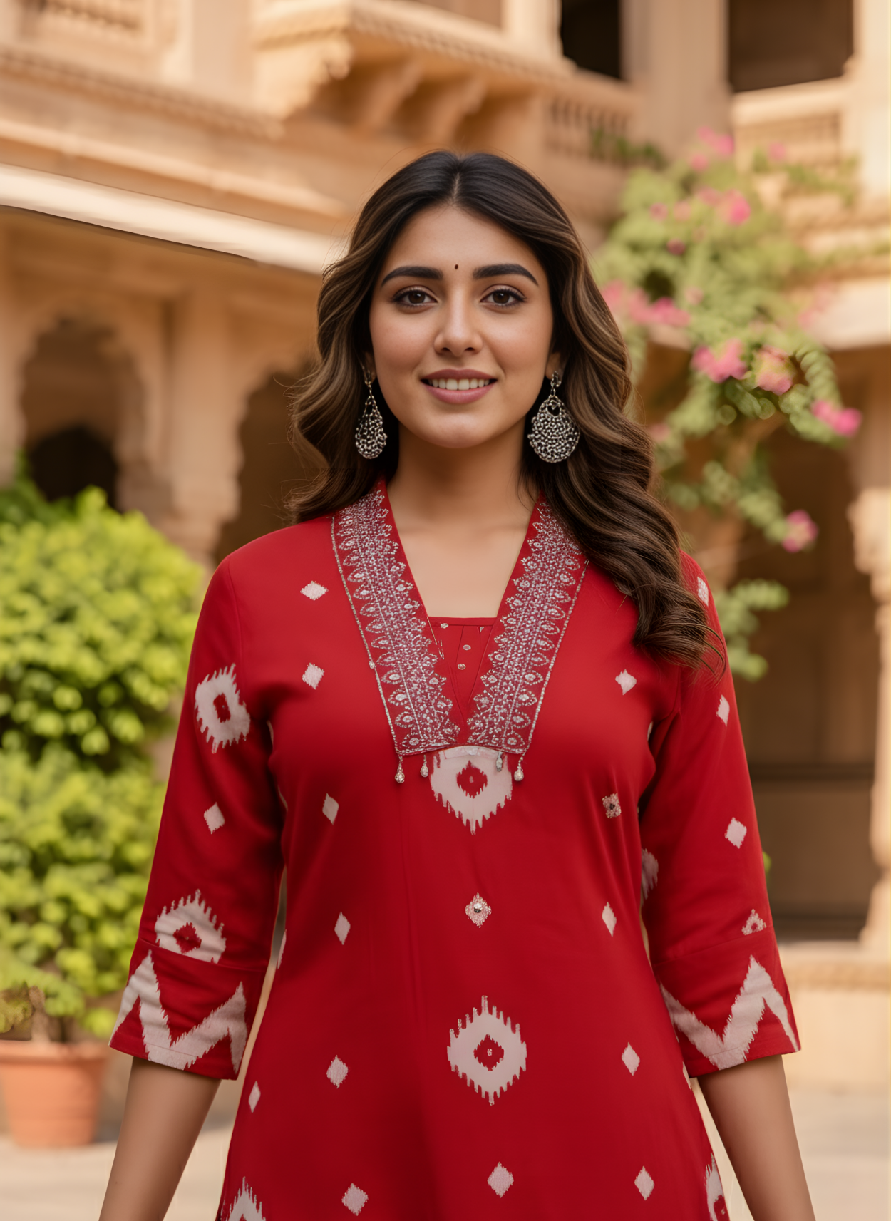 Neelufer Creation red pure cotton kurta set front view