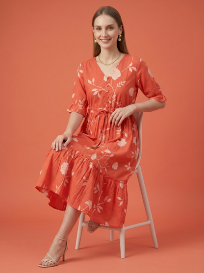 Orange Floral Cotton Middy Dress Wholesale Manufacturer India