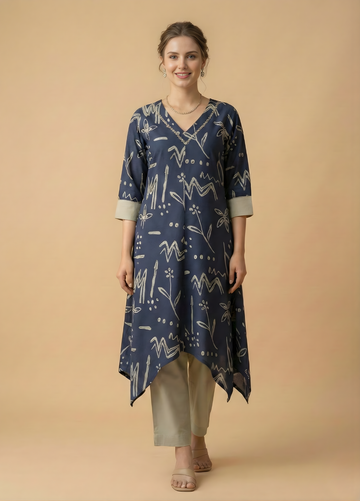 Navy Abstract Pure Cotton Kurta Set – Women Wear Wholesale Manufacturer