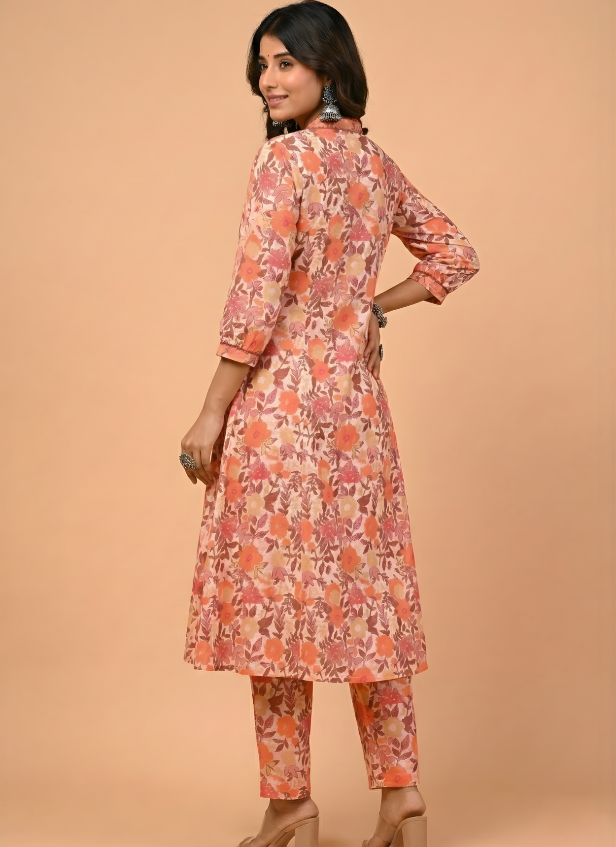 Peach Floral Pure Cotton Kurta Set