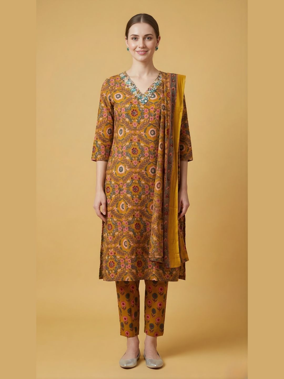 Mustard Printed Cotton Kurti Dupatta Set Wholesale Women Wear Manufacturer