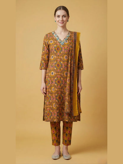 Mustard Printed Cotton Kurti Dupatta Set Wholesale Women Wear Manufacturer