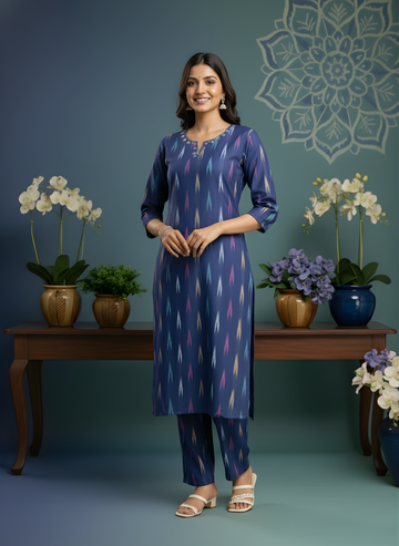 Woman in a blue patterned outfit standing in front of a decorative wall with floral arrangements.