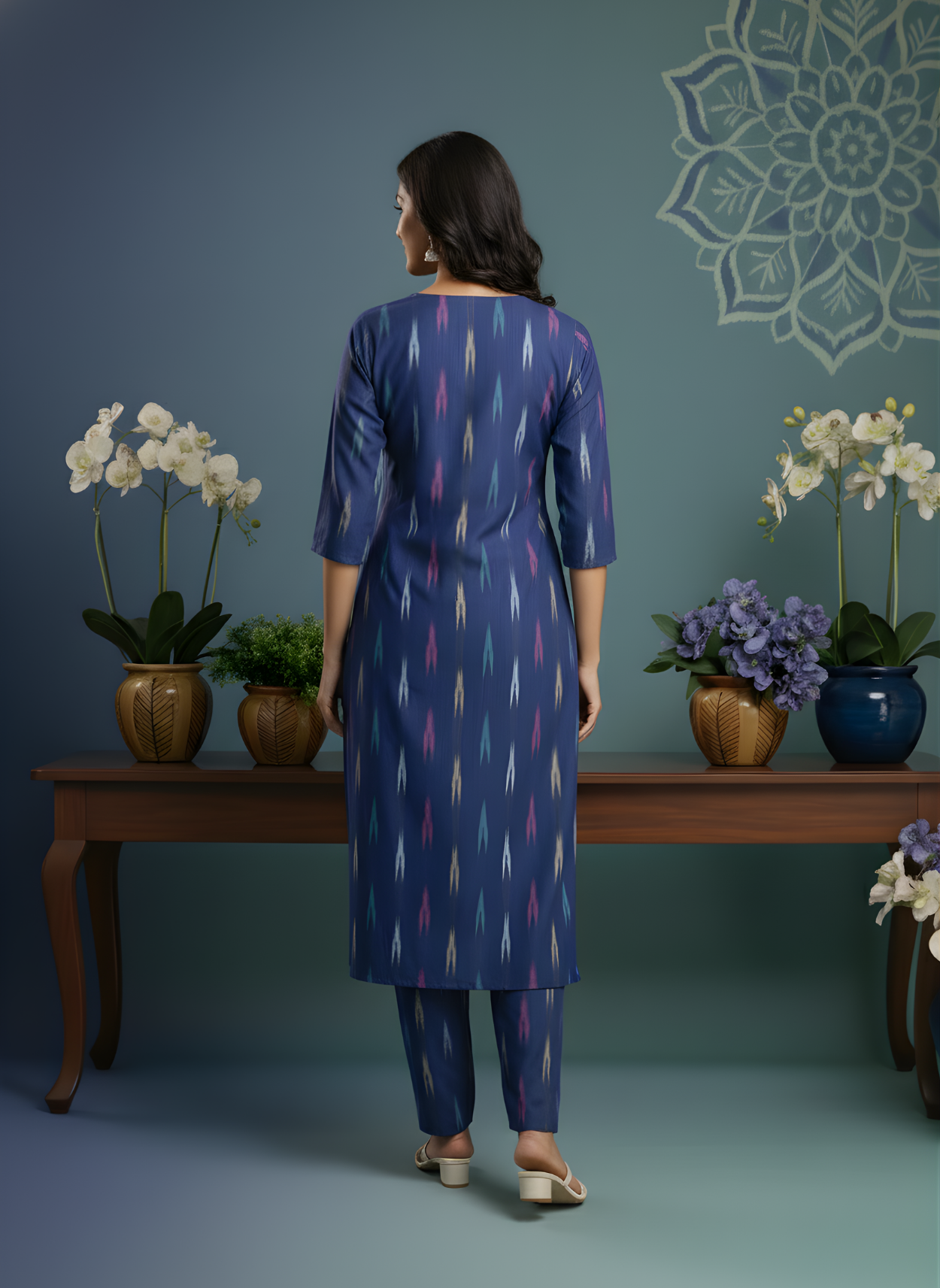 Woman in a blue patterned outfit standing in a room with decorative plants and wall art.