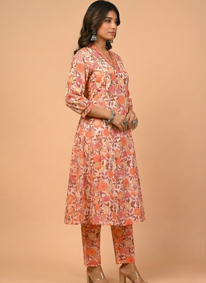 Peach Floral Pure Cotton Kurta Set