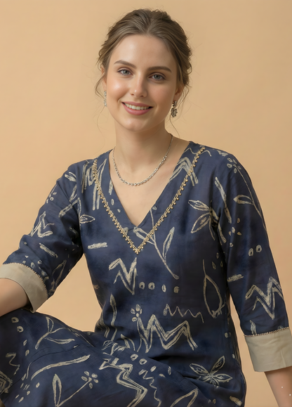 Navy Abstract Pure Cotton Kurta Set – Women Wear Wholesale Manufacturer