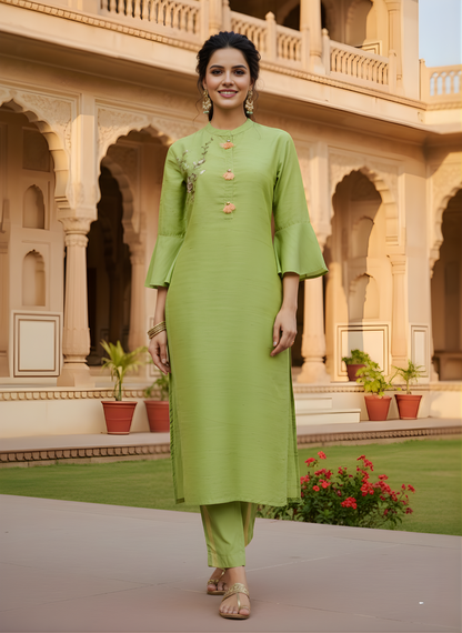 Neelufer Creation pista green cotton silk kurta set front view