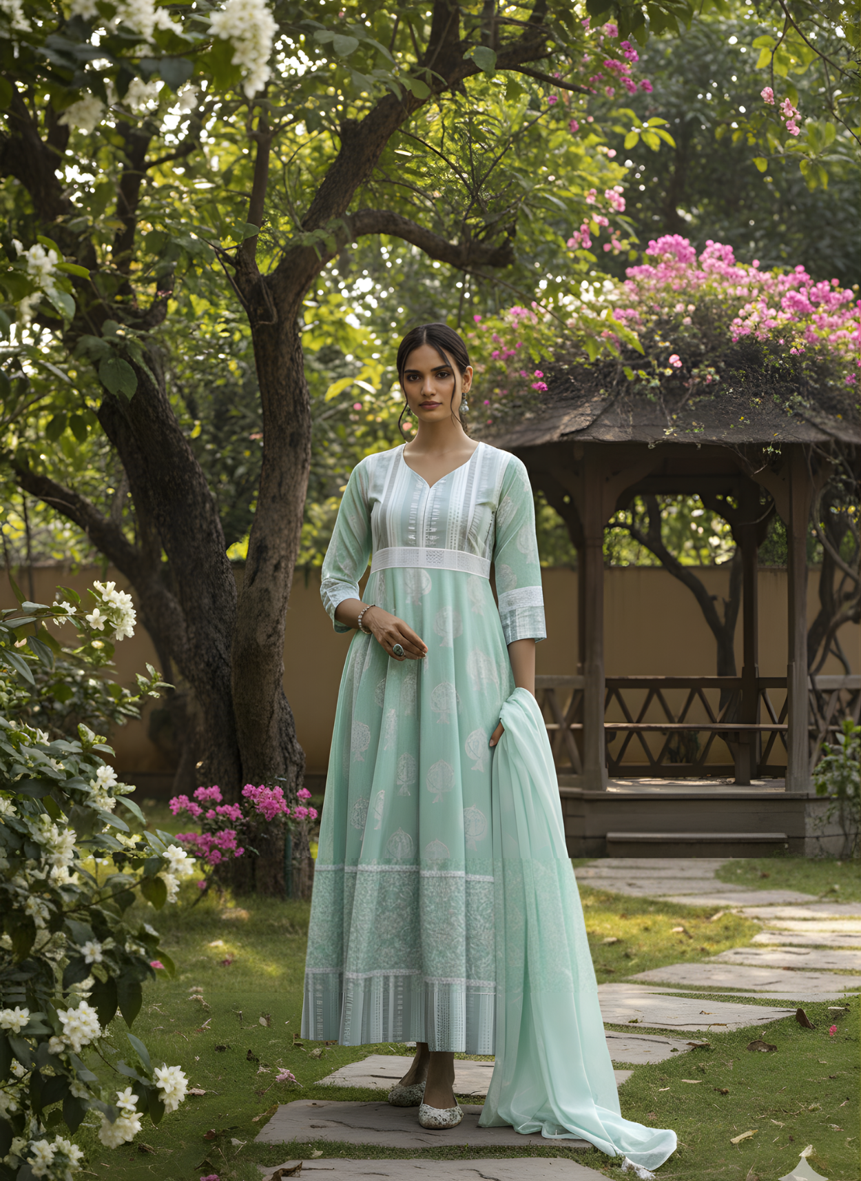 Woman in a light green dress standing in a garden with flowers and a gazebo.