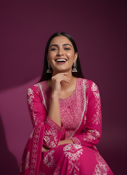 Wholesale women cotton kurta pant dupatta set pink