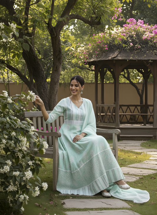 Woman in a light green traditional outfit sitting on a bench in a garden with flowers and a gazebo.