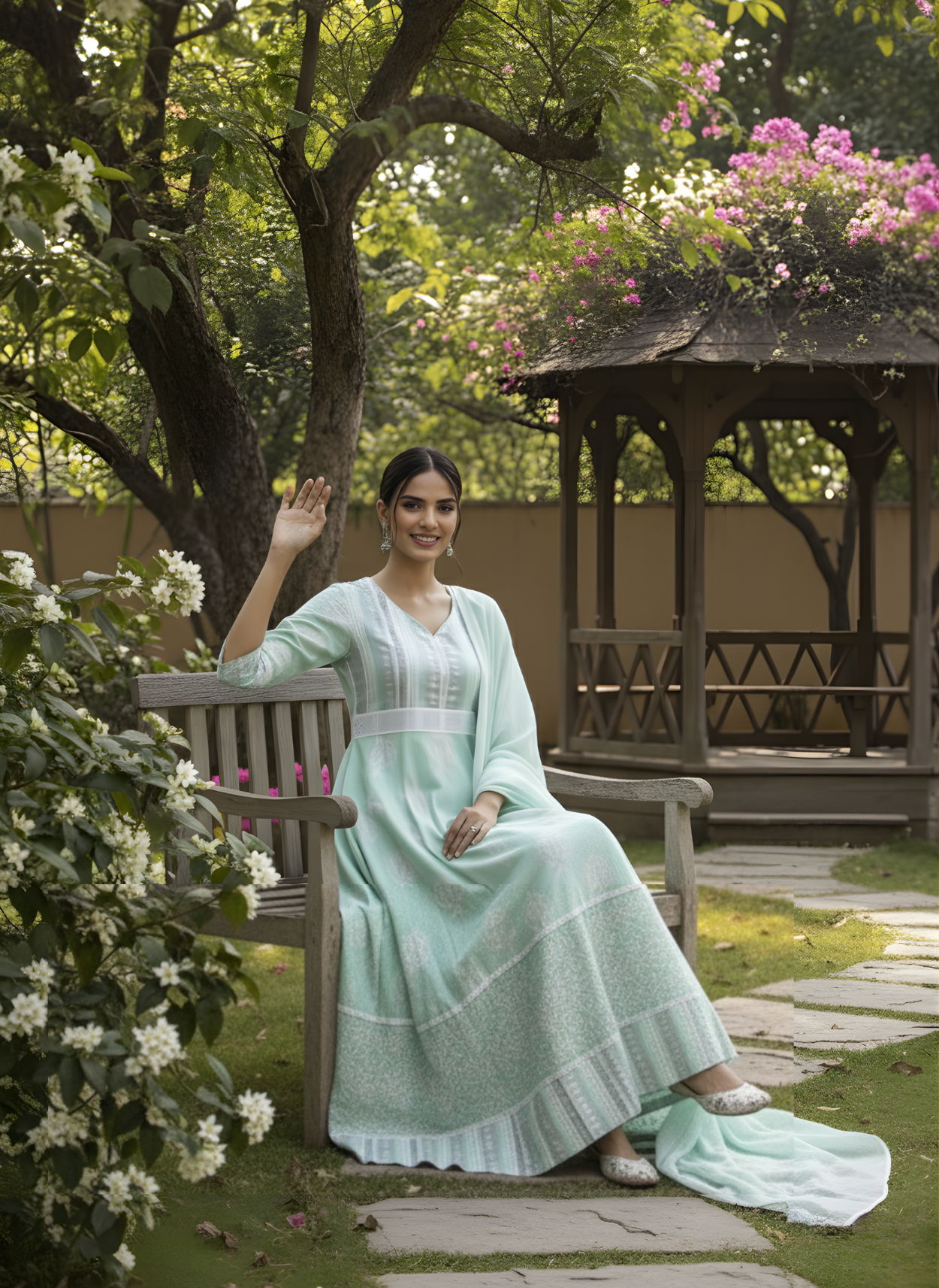 Woman in a light green dress sitting on a bench in a garden with a gazebo and flowers in the background.