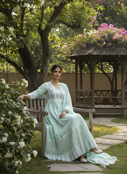 Woman in a light green dress sitting on a wooden bench in a garden with flowers and a gazebo.
