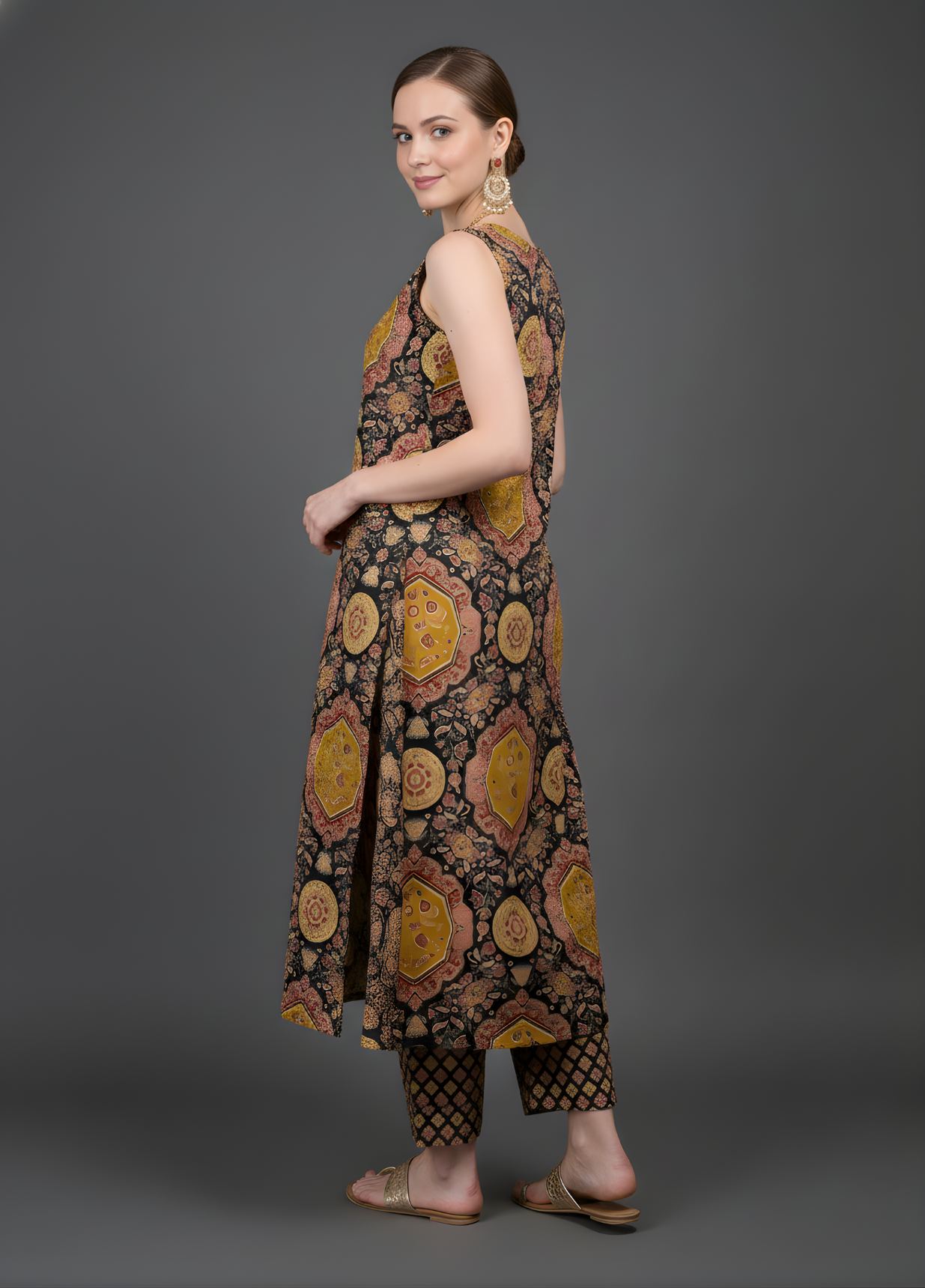 Sleeveless Ajrakh print cotton kurta set women