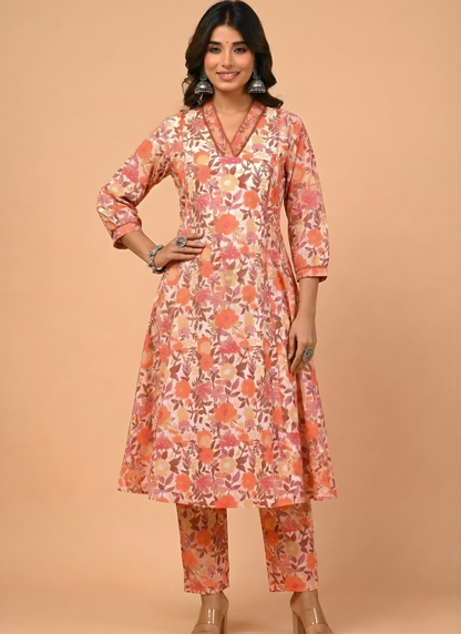 Peach Floral Pure Cotton Kurta Set