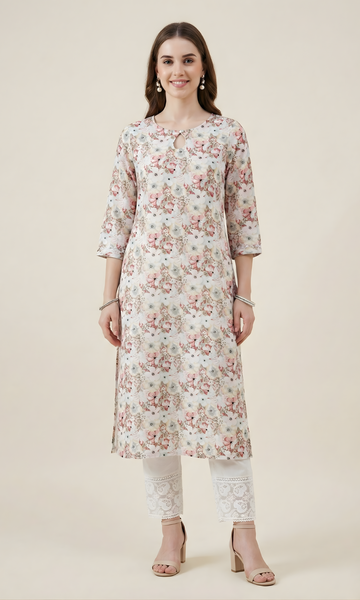 Neelufer Creation floral pure jute cotton kurti set front view